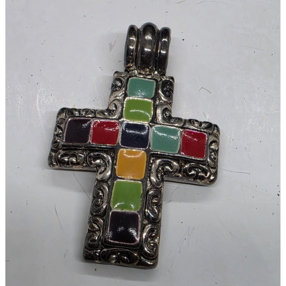 Vintage Marie Jennifer Multicolor Enamel Cross Pendant Chunky Boho Design